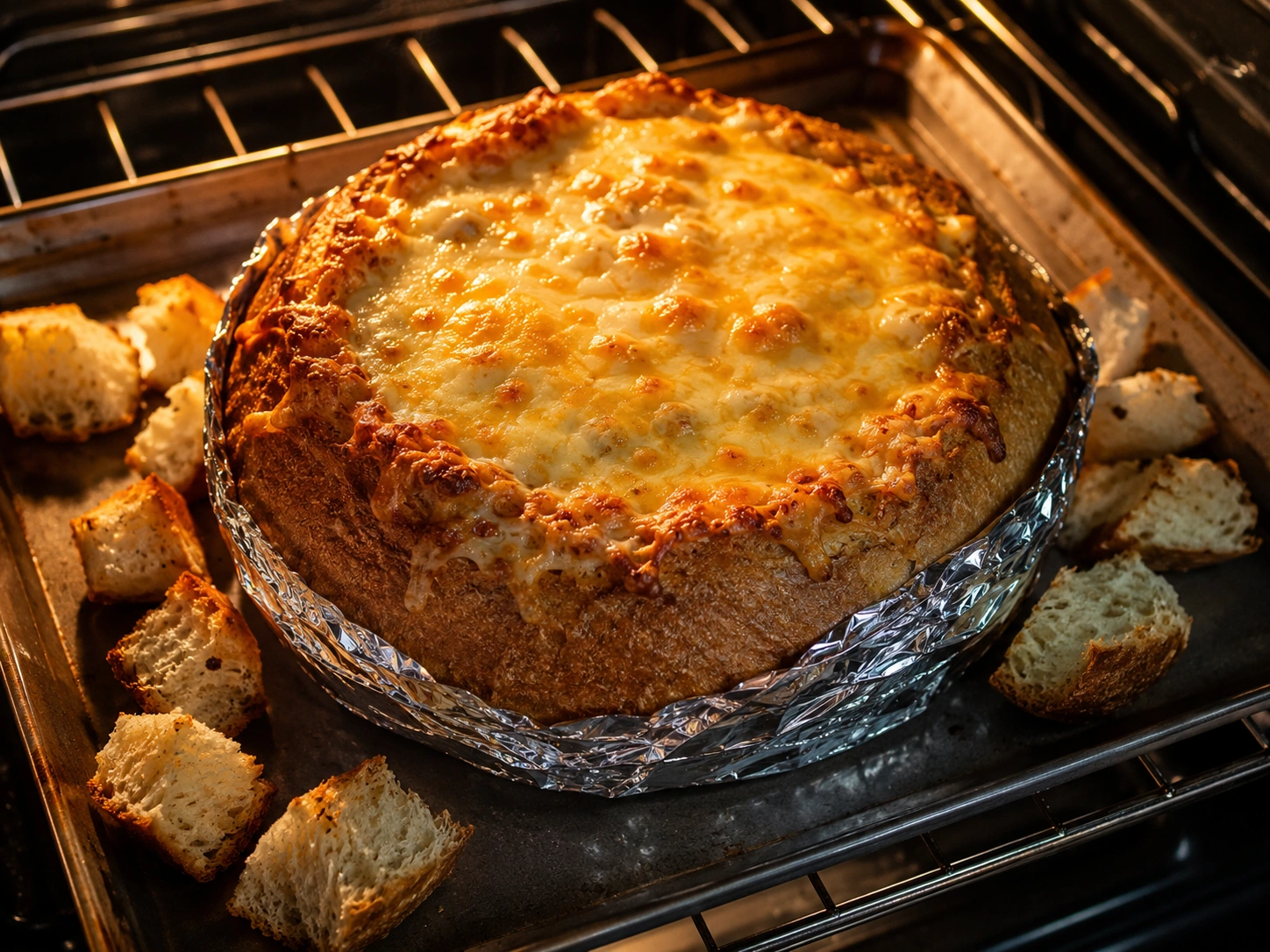 Baking the cob loaf in the oven until bubbling